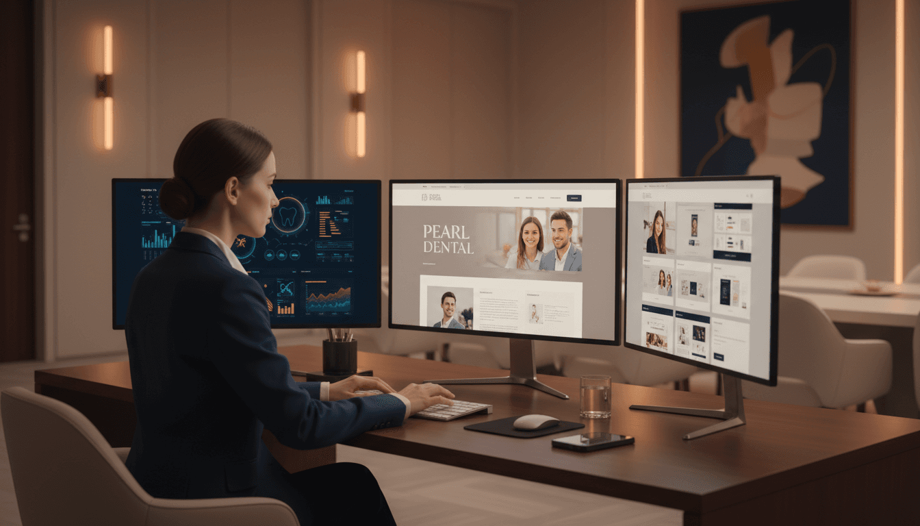 Premium digital workspace displaying elegant website designs and AI interfaces