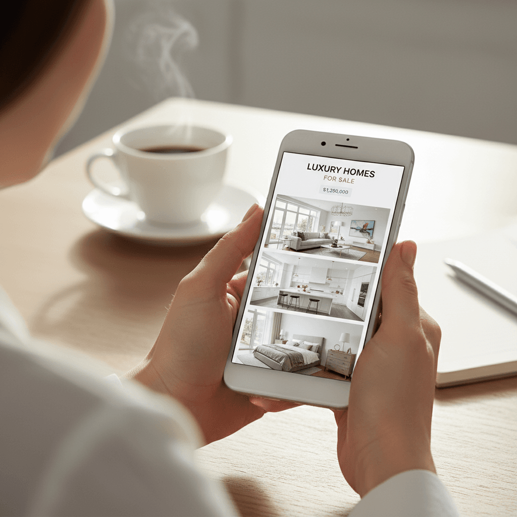 Real estate agent viewing responsive property website on phone