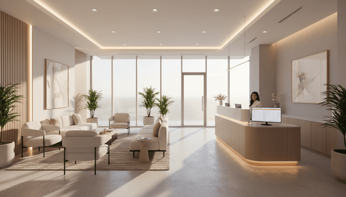Premium dental clinic reception with professional receptionist greeting client