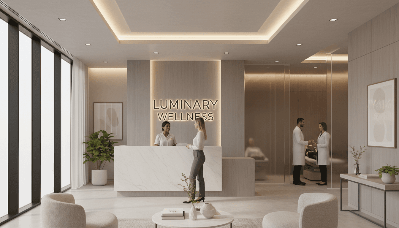 Med spa receptionist using AI booking system on tablet