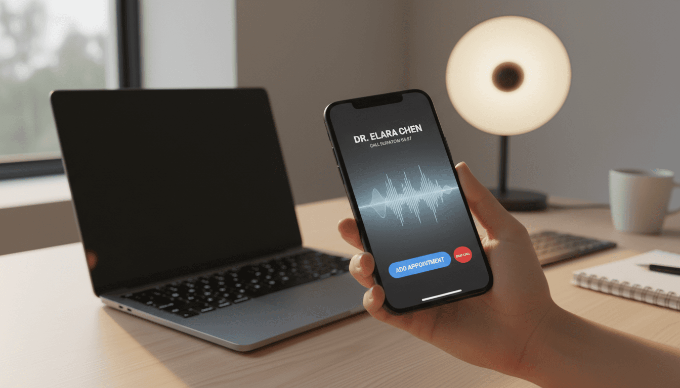 AI receptionist interface on smartphone screen in modern office