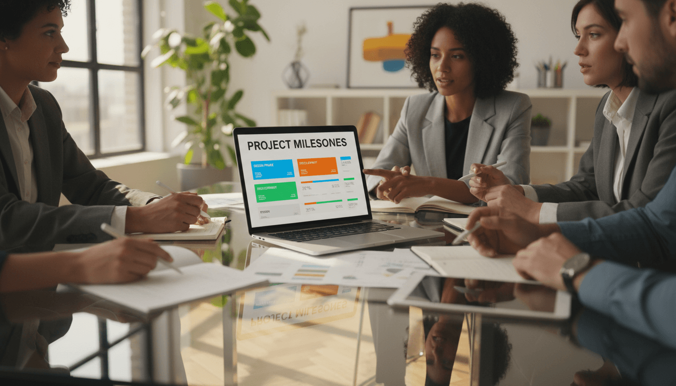 Team presenting implementation timeline and project progress in conference room